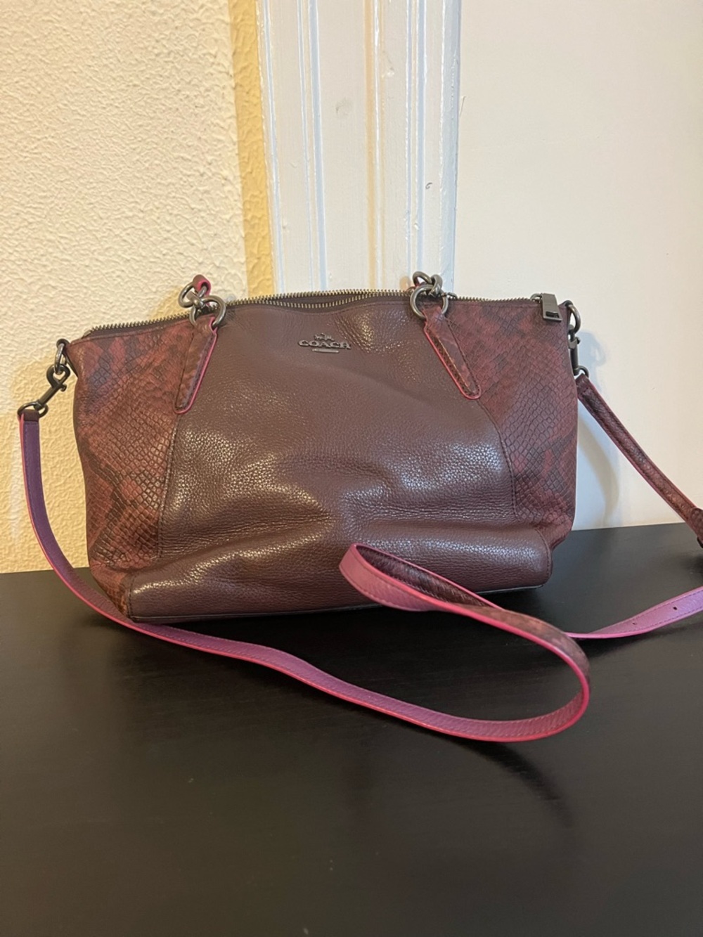 Coach Pebbled Leather Shoulder Bag in Wine with Pink Trim